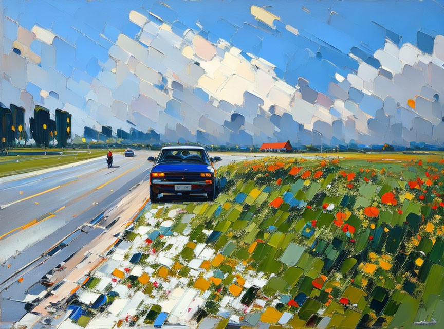 Blue Car Parked Beside Vibrant Flower Field in Impressionist Style