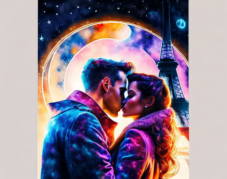 Romantic couple kissing at Eiffel Tower with cosmic backdrop