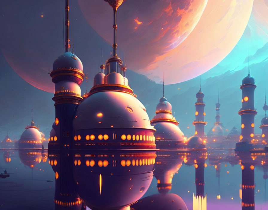 Futuristic cityscape with glowing domes, spires, and moonlit waters