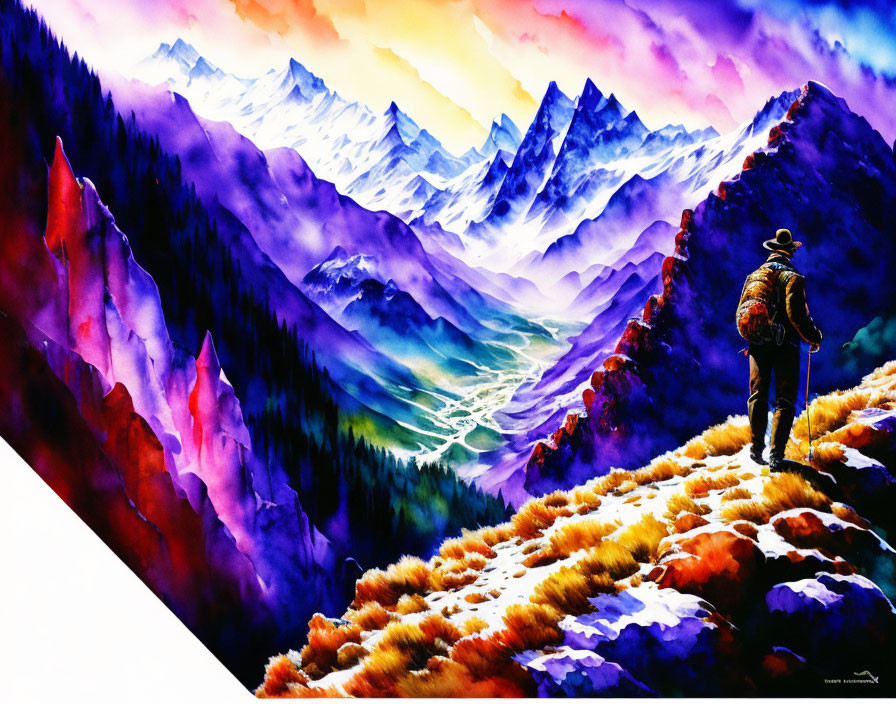 Colorful Watercolor Painting of Hiker and Mountain Range