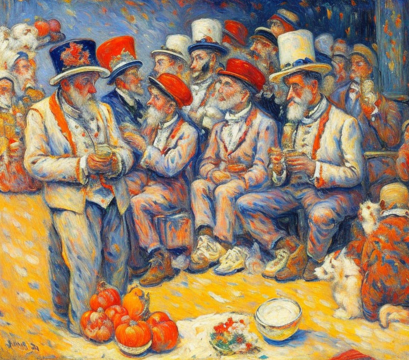 Colorful painting of men with white beards in red hats and white clothes chatting near pumpkins and