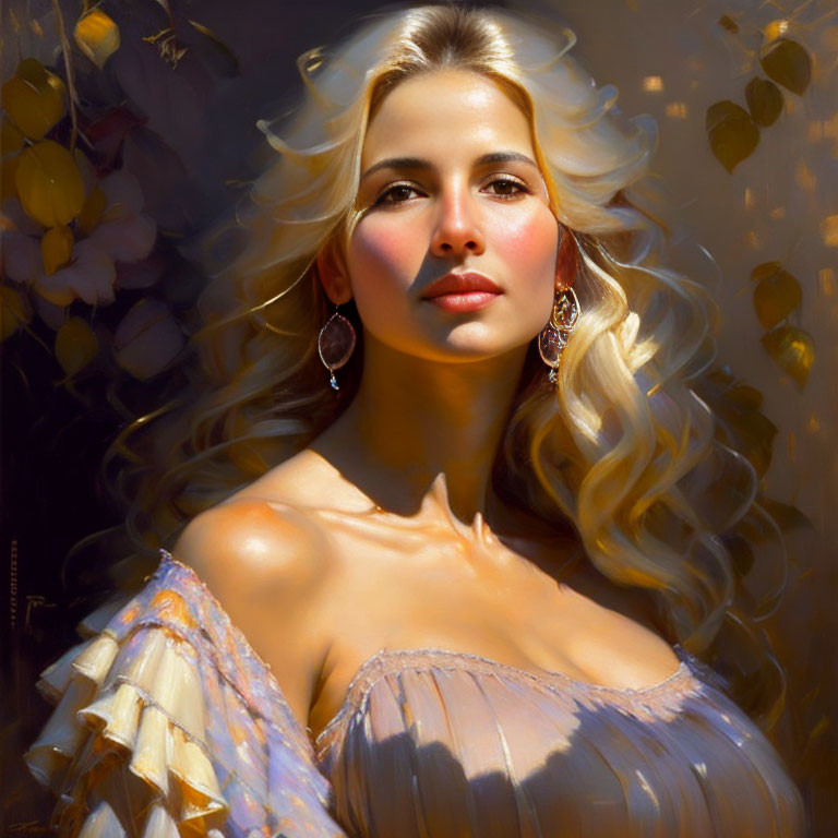 Blonde Woman Portrait in Off-Shoulder Dress with Golden Leaves