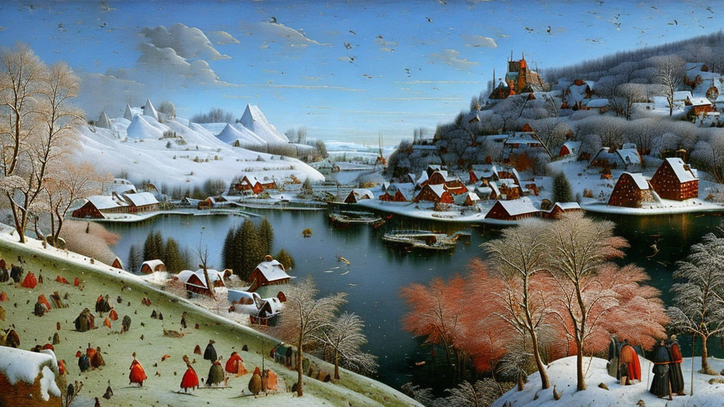 Snow-covered village by river with castle - serene winter landscape