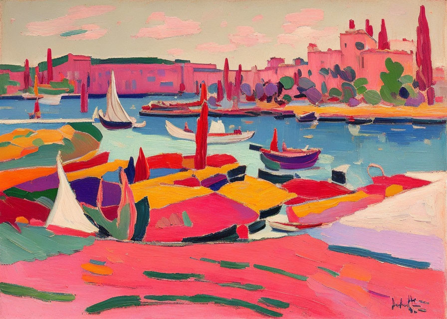 Colorful Coastal Scene: Boats, Blue Water, Pink Buildings