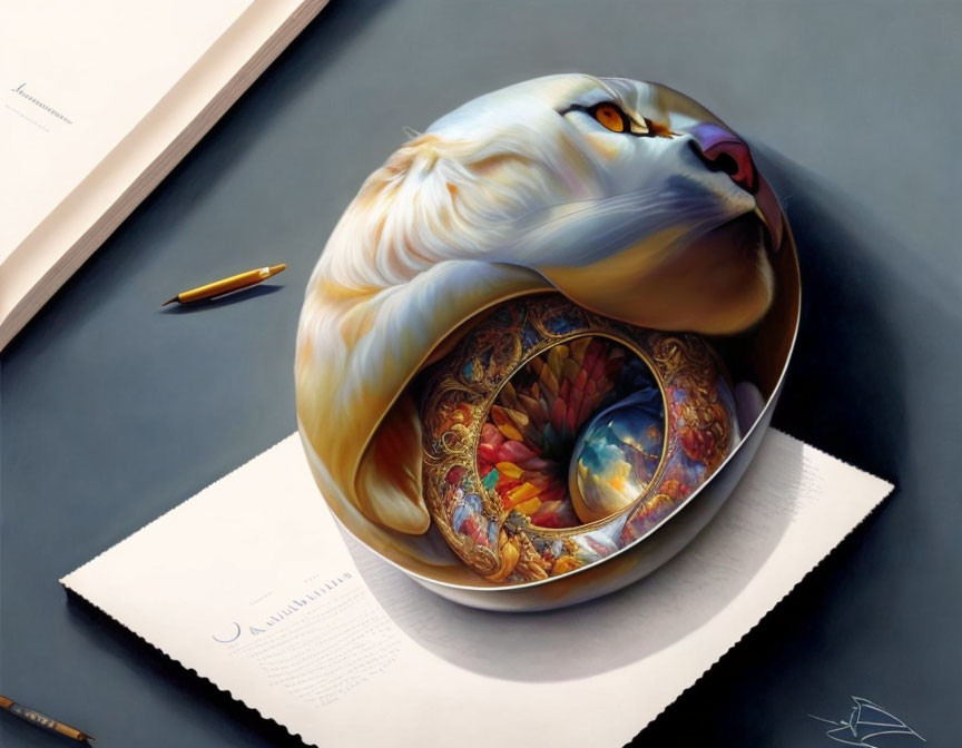 Surreal white tiger face merges with objects on desk