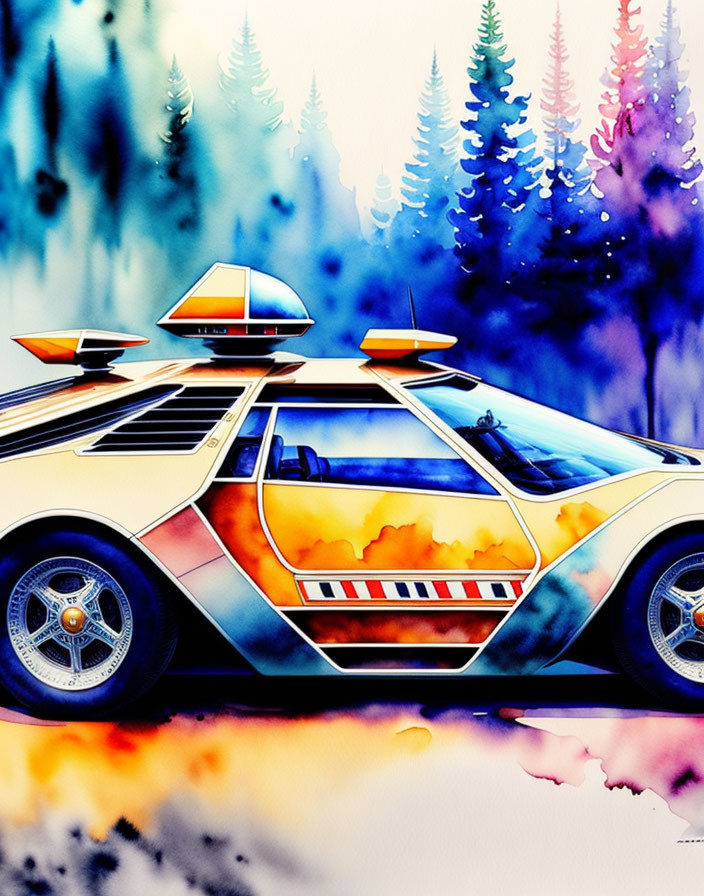 Colorful Watercolor Illustration of Retro-Futuristic Car with Flame Detailing