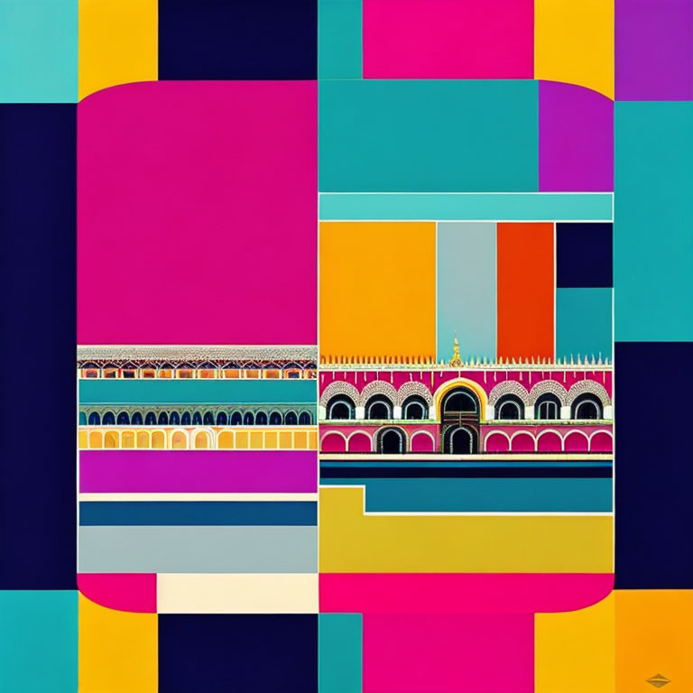 Colorful Abstract Art with Geometric Blocks and Architectural Detail