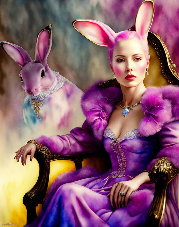 Woman with rabbit features in purple ensemble next to large bunny on painterly background