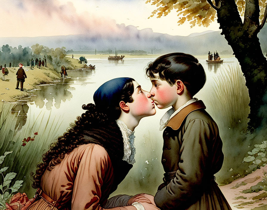 Vintage illustration of young boy and girl kissing by river with people and boats.