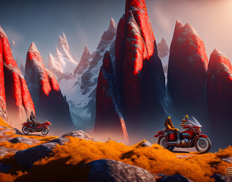 Motorbikes parked in surreal landscape with red rock formations and snowy mountains.