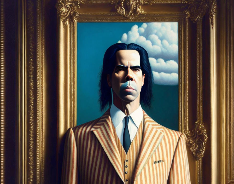 Stylized portrait of a man in pinstripe suit with ornate golden frame