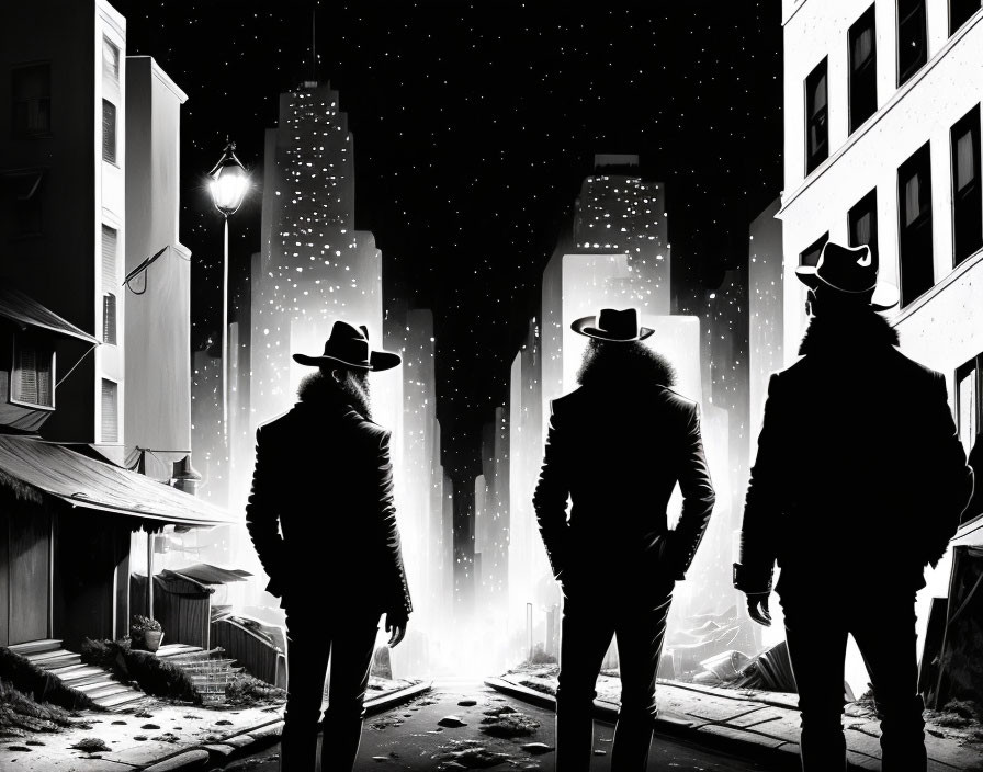 Silhouetted figures in city alley under starry sky