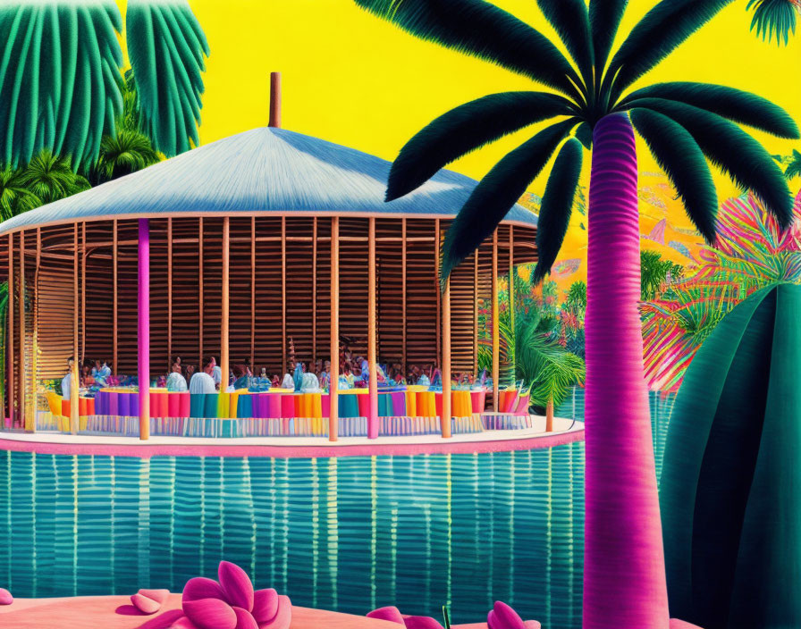 Colorful illustration: Circular hut dining scene with lush palms and pink flora