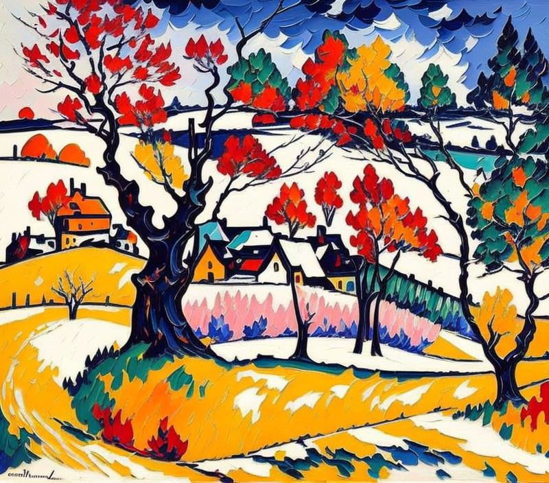 Colorful Autumn Trees in Rural Landscape Painting