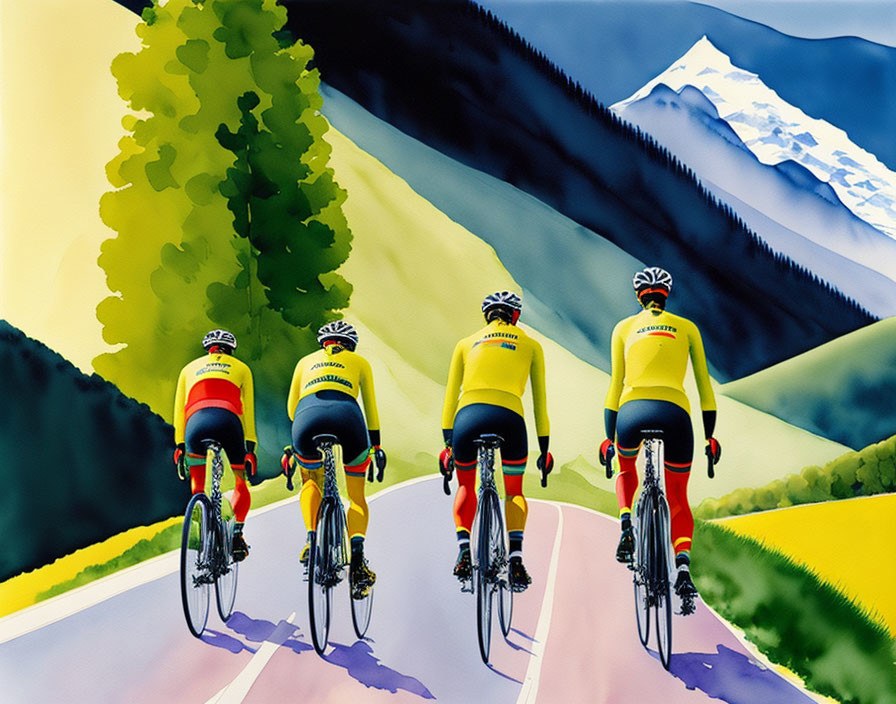 Three cyclists in yellow and red outfits on winding road through scenic landscape