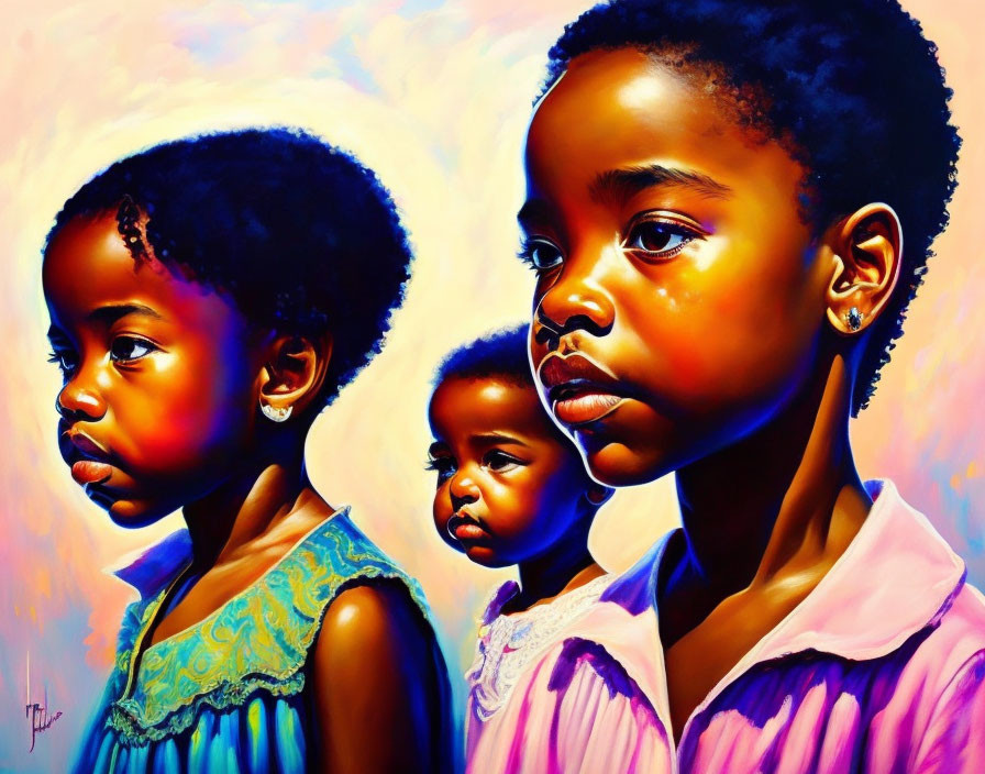 Colorful portrait of three girls with bold expressions and detailed features