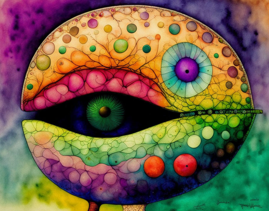 Vibrant whimsical creature with multicolored textures and central eye.