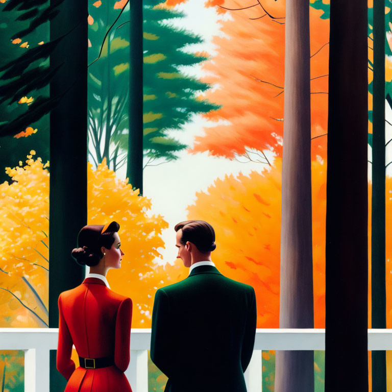 Vintage-styled man and woman on balcony overlooking vibrant autumn forest