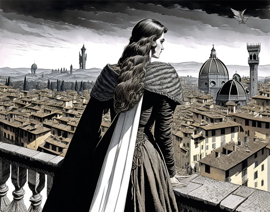 Detailed Monochrome Illustration of Woman with Long Braid Overlooking Florence, Italy