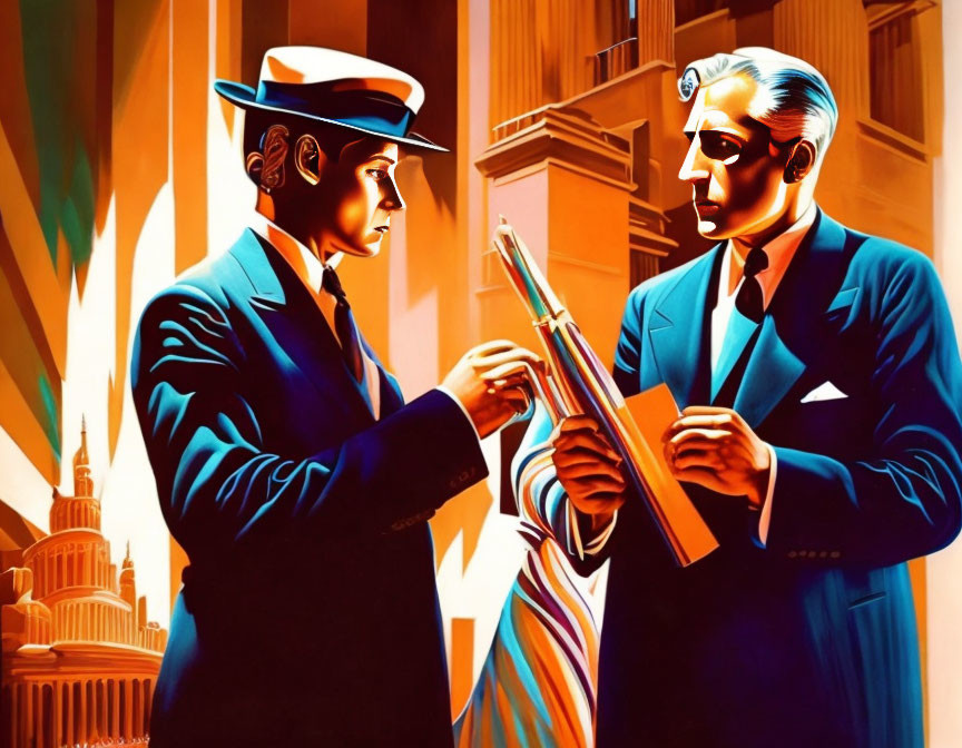 Stylized men in suits exchanging folder with art deco backdrop