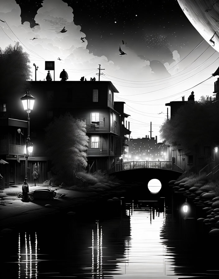 Monochrome artwork of tranquil night scene with canal, bridge, reflective water, starry sky.