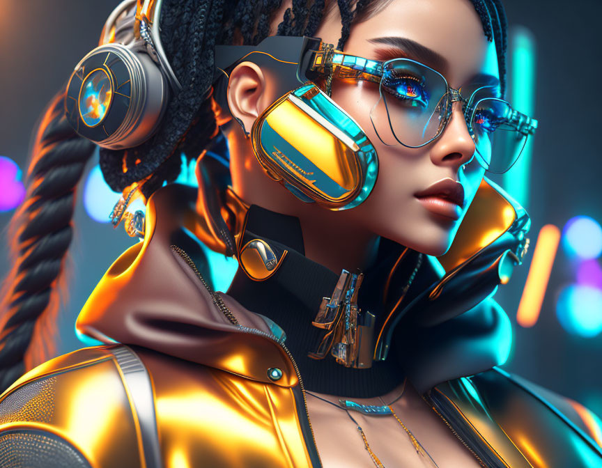 Futuristic woman in high-tech suit with braided hair and reflective glasses