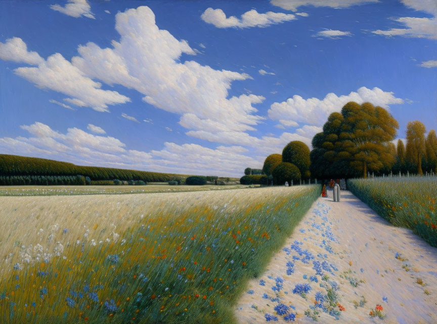 Tranquil countryside landscape with dirt path, flowers, trees, and blue sky