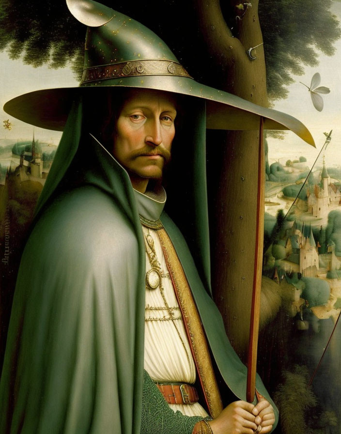 Solemn man with goatee in large brimmed hat and green cloak beside tree with butterfly