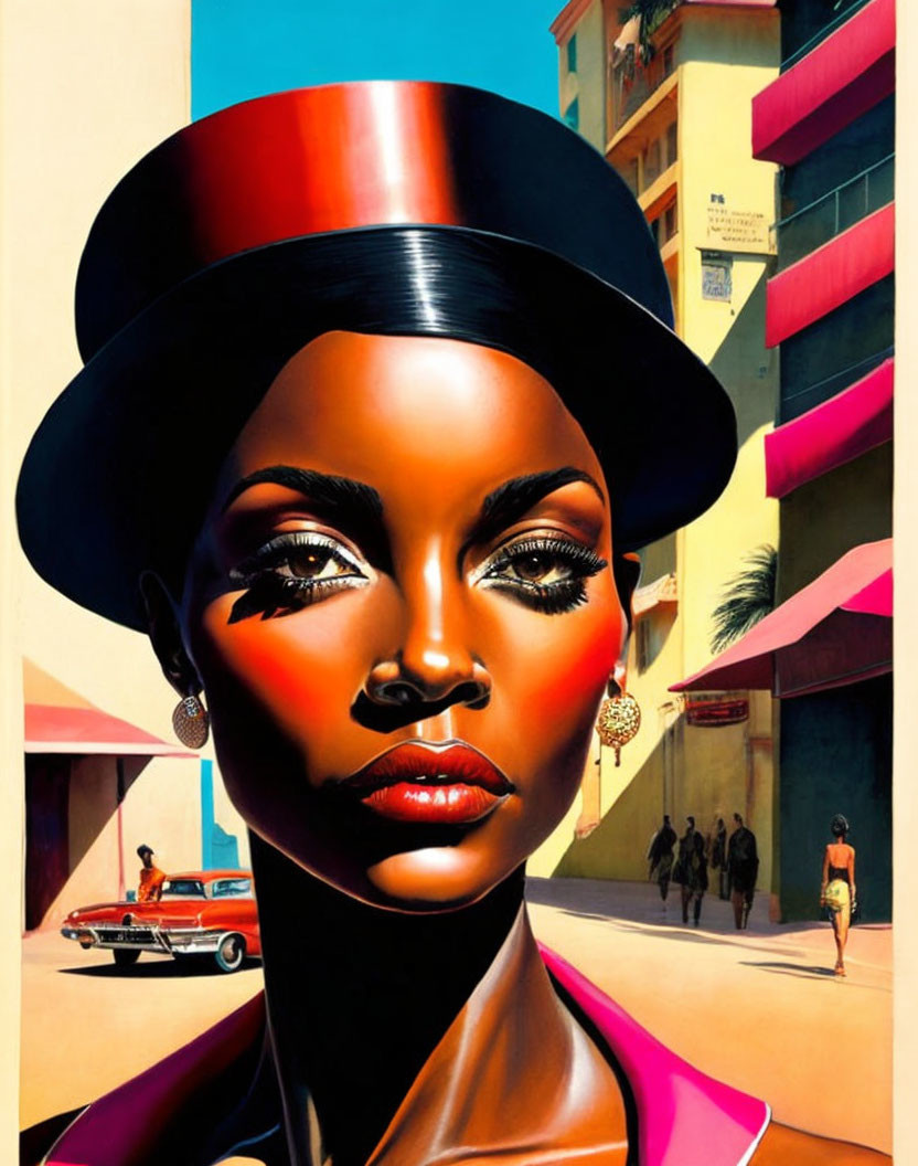 Stylized portrait of a woman in large red hat, dramatic makeup, and earrings against vivid street