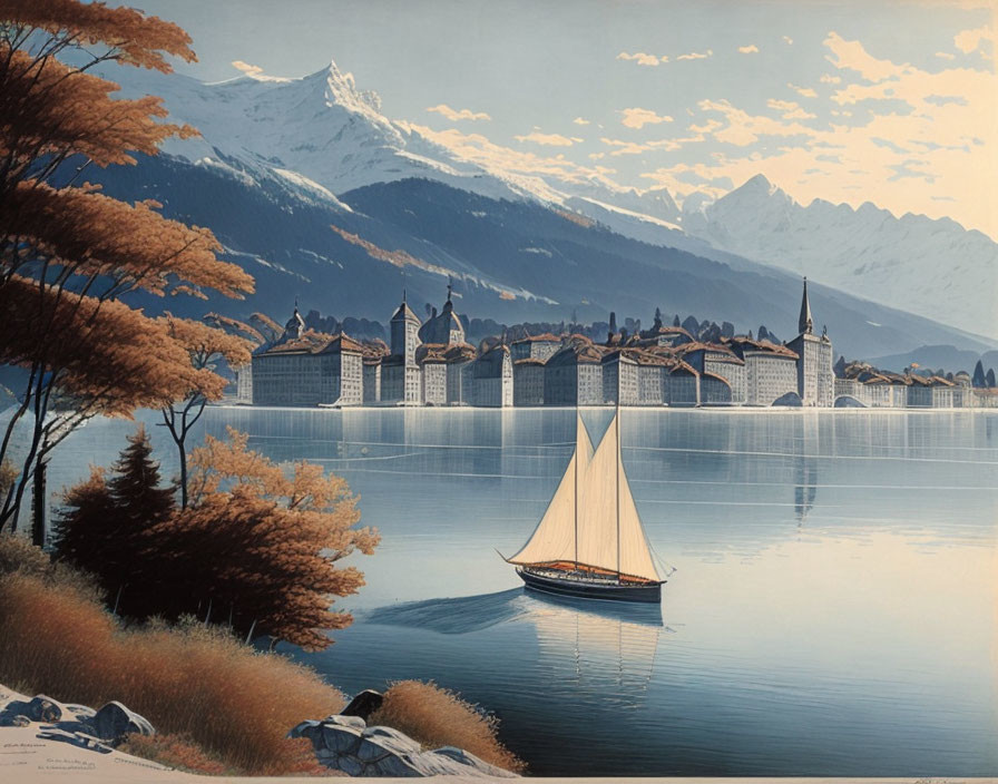 Sailboat on mirror-like lake by European-style village