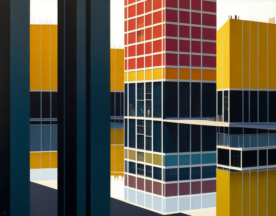 Vibrant geometric facade of modern buildings with yellow, red, and blue squares and rectangles against clear