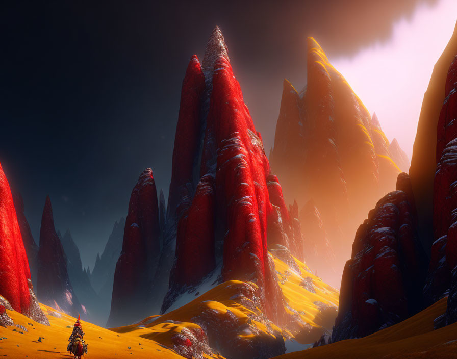 Surreal landscape with red spires, yellow terrain, and lone traveler on horseback