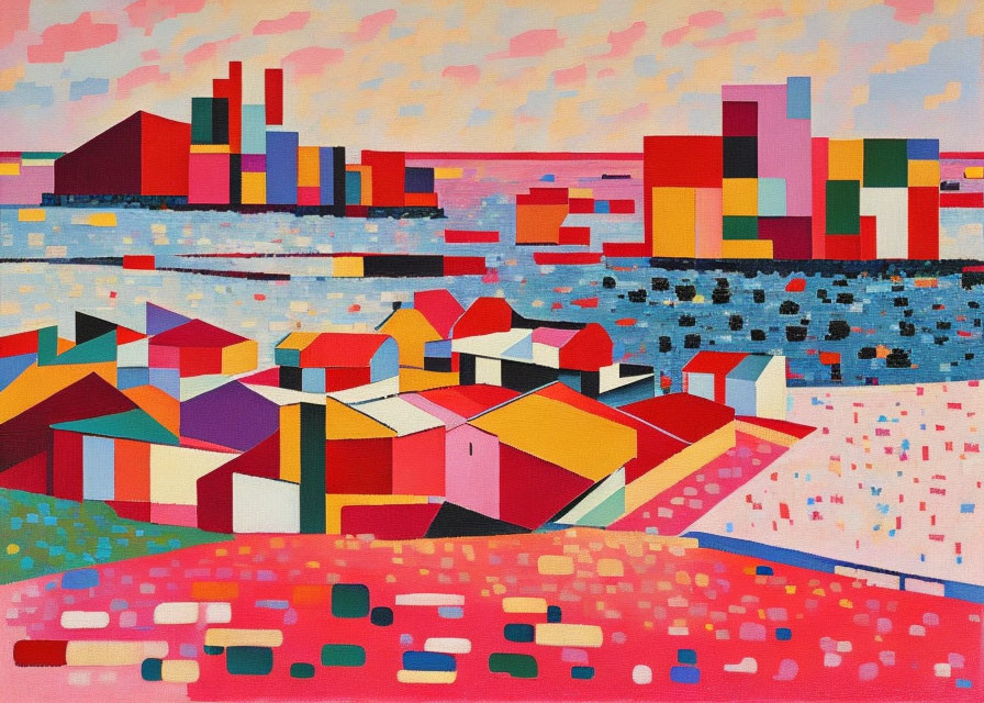 Vibrant Geometric Abstract Painting of Landscape and Buildings