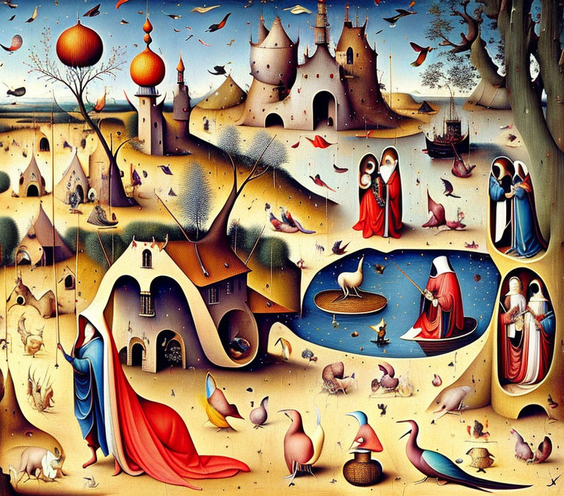 Vibrant surrealistic painting of castles, figures, and creatures