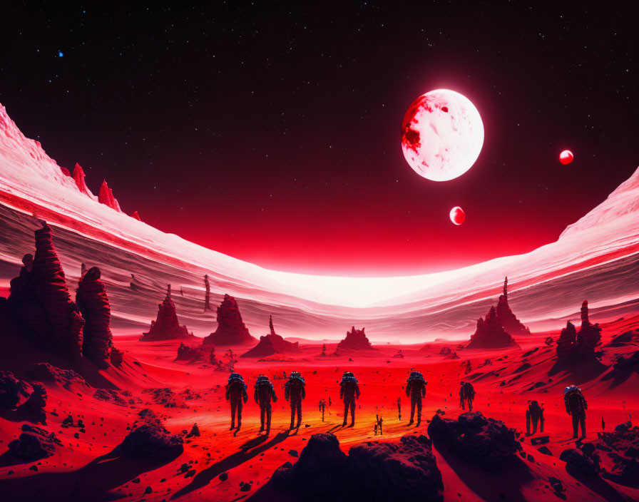 Silhouetted figures on red alien landscape under pink moon