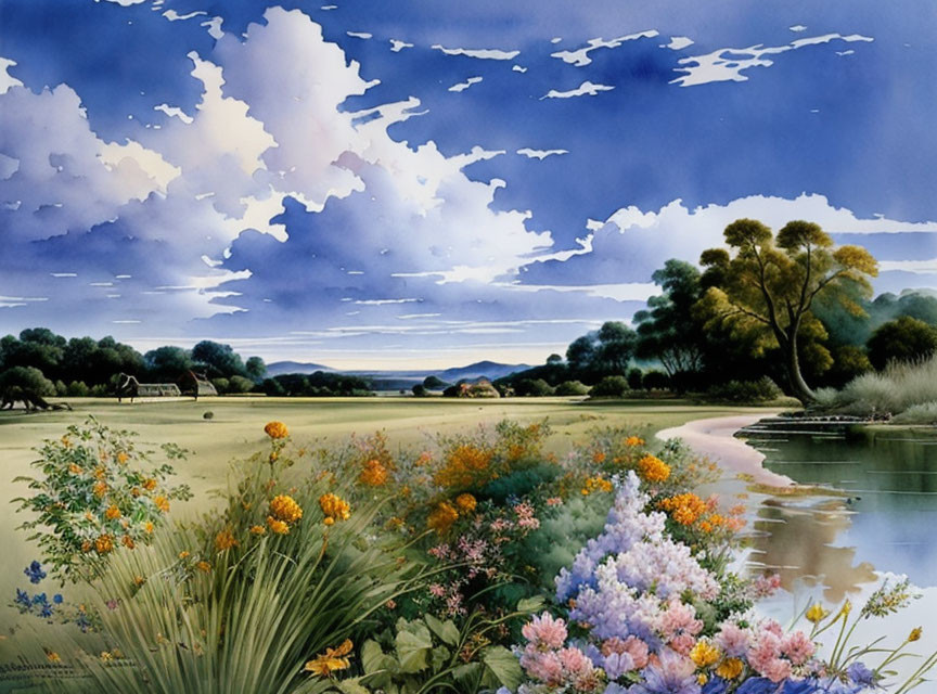 Colorful Watercolor Landscape with River and Flowers