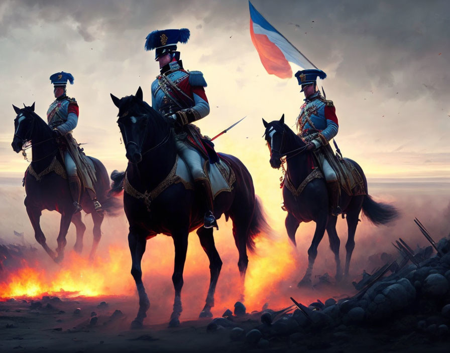 Historical battlefield scene: Three soldiers on horseback with flag amidst smoke and fire