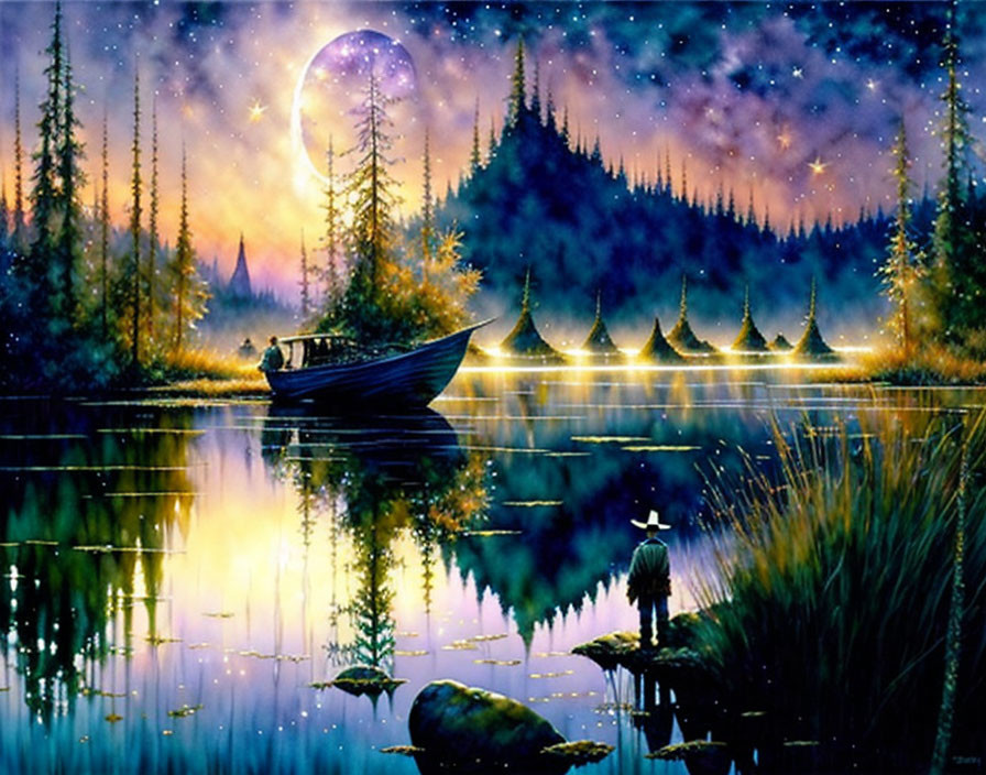 Nighttime lake scene with star-filled sky, person in boat, lanterns, and turtle on rock