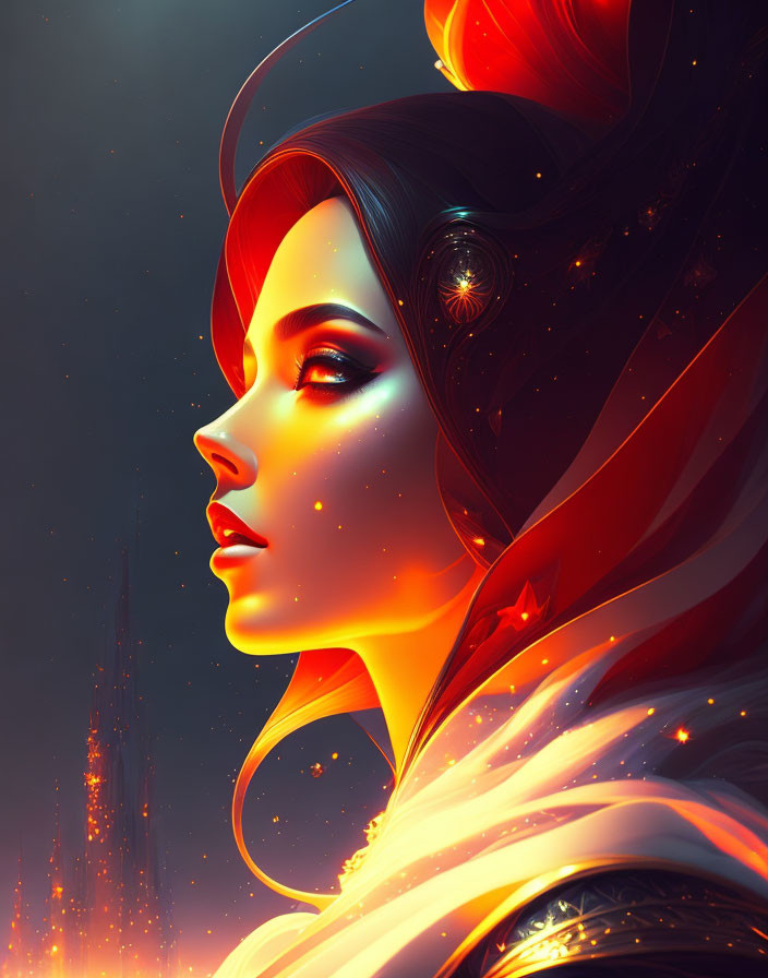 Digital artwork: Woman with glowing skin, red and gold attire, mystical aura in warm, starry