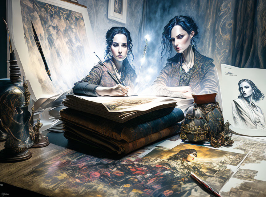 Gothic artist drawing at cluttered desk with sketches and vintage decor