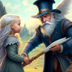 Blonde girl meets wizard with glowing sword in magical setting