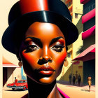 Stylized portrait of a woman in large red hat, dramatic makeup, and earrings against vivid street