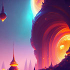 Fantastical cityscape with spiraling towers under surreal sky