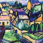 Impressionist-style painting: Quaint village, rolling hills, cypress trees, rustic houses