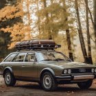 Vintage Blue Station Wagon on Forest Path with Wildflowers