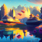 Futuristic cityscape with sleek buildings, mountains, and celestial bodies.