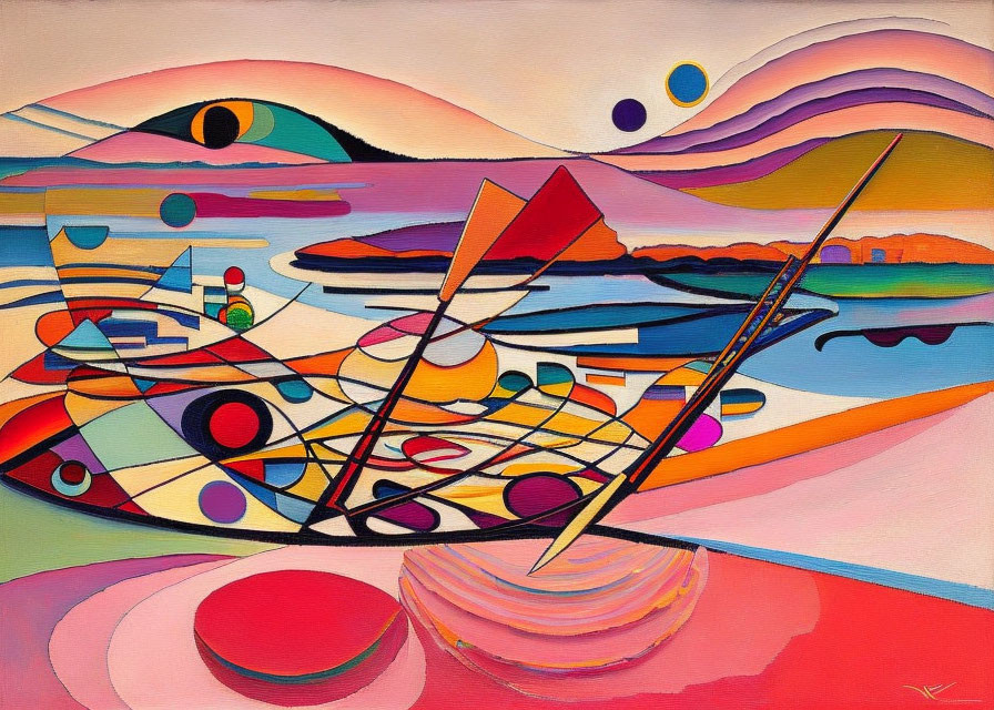 Colorful Abstract Painting: Geometric Shapes & Undulating Lines in Stylized Landscape