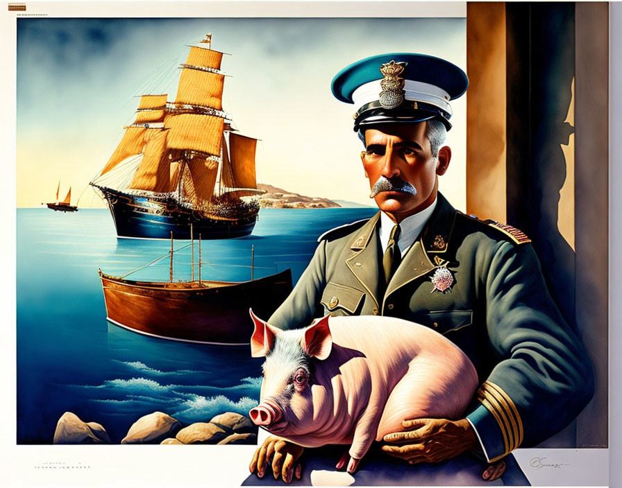 Surreal painting of military officer with pig and vintage ships in cloudy sky