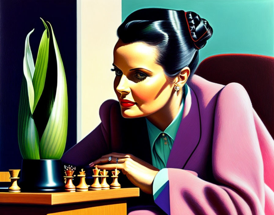 Illustration of woman playing chess with hair bun, next to plant, on colorful geometric backdrop