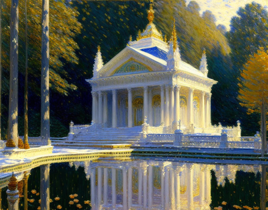 Impressionistic Painting: Classical Pavilion by Reflective Pond